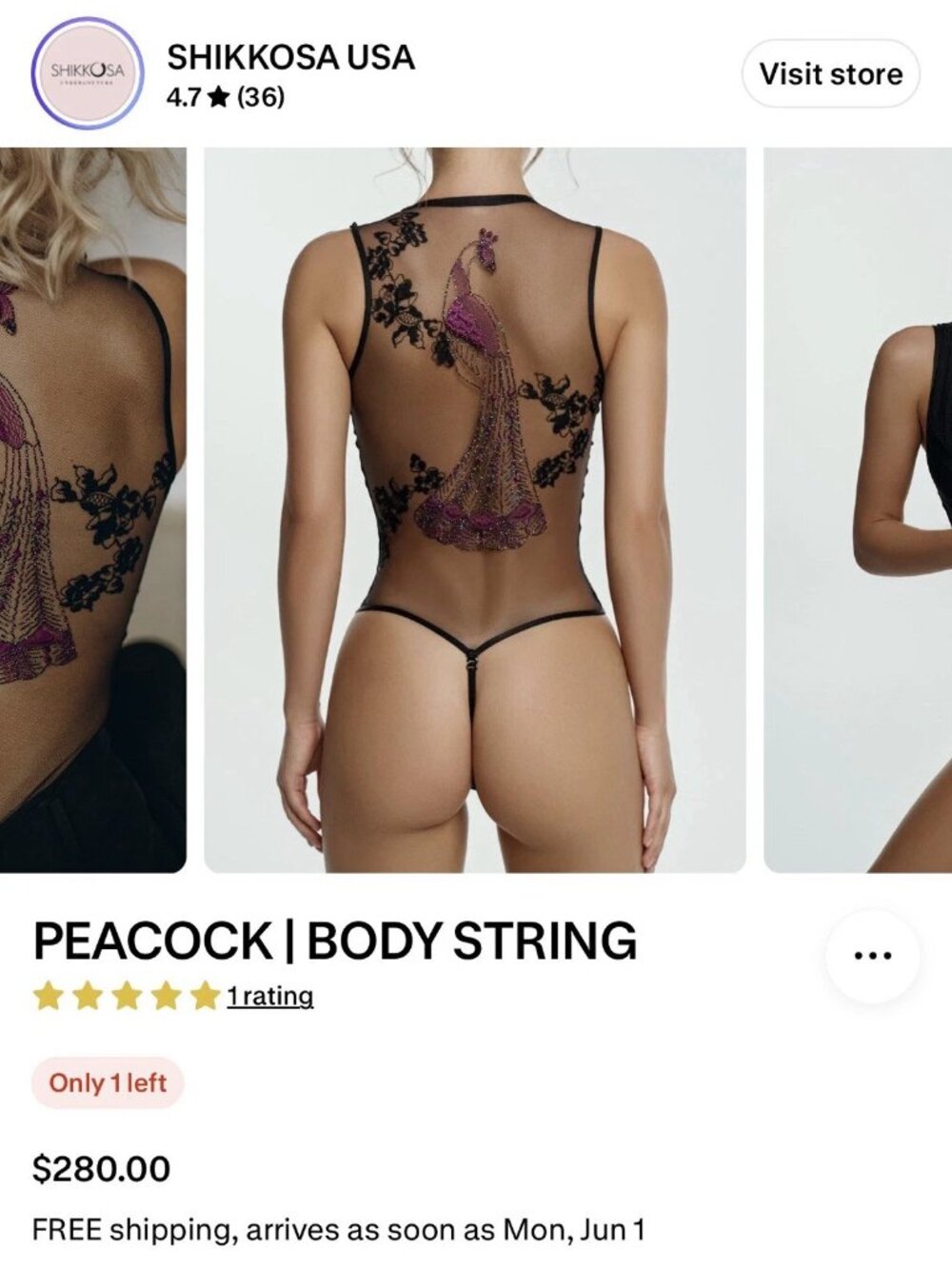 Shikkosa Peacock Bodysuit Black Small Sheer Mesh Cutout Teddy Lingerie NWT - Picture 2 of 10